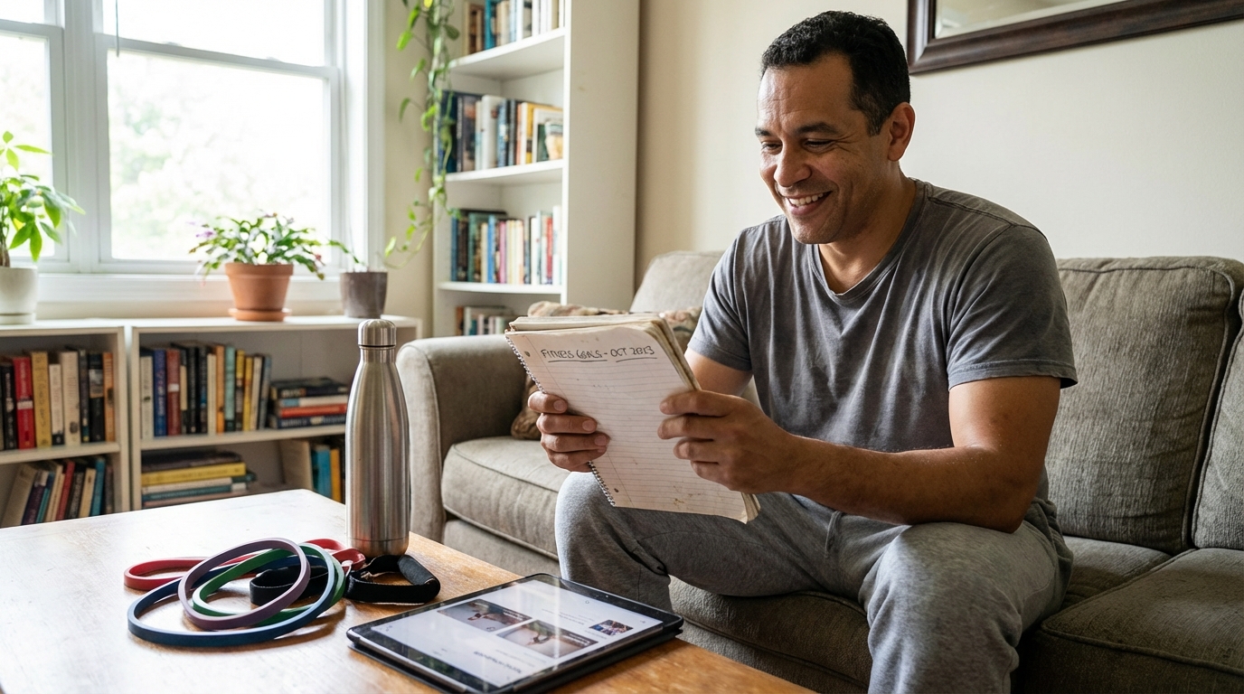 Man in his 40s doing a mid-year fitness check at home with notebook, water bottle, and resistance bands