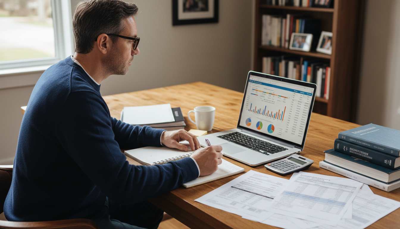 Man in his 40s reviewing investment portfolio on laptop at home office desk with financial documents and calculator