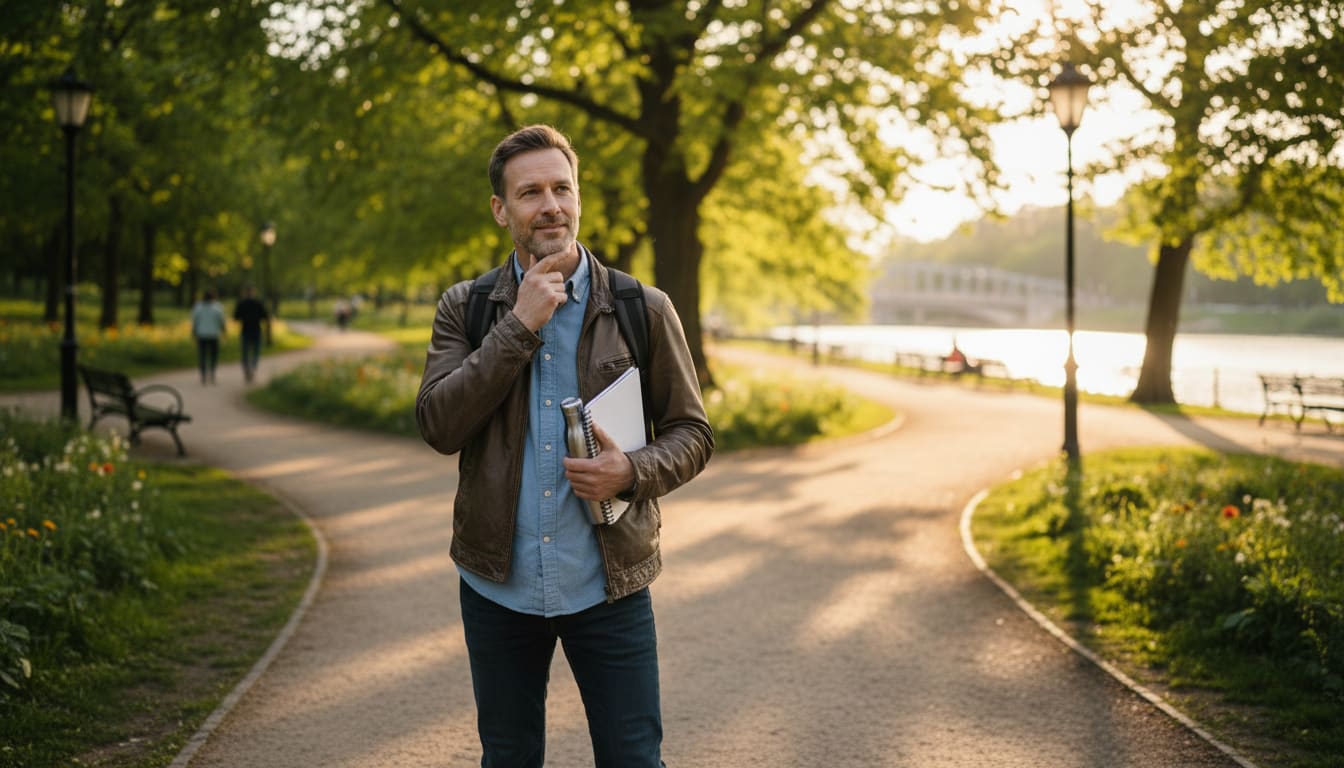 Man in his 40s pausing at a crossroads in a park, holding a notebook and water bottle, symbolizing a mid-year life reset.