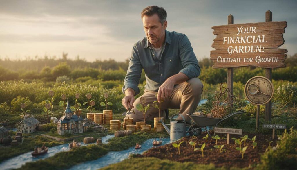 Man in his 40s tending to garden plants while financial documents and laptop sit nearby, illustrating portfolio care analogy