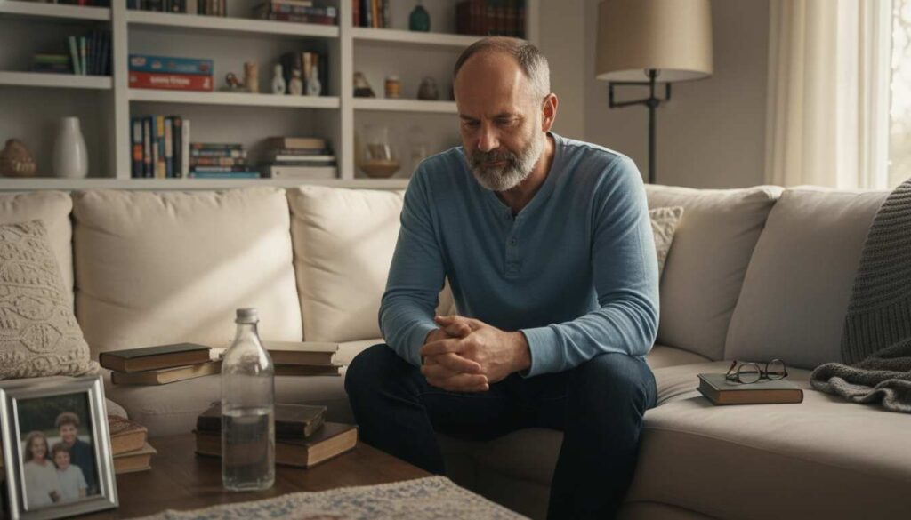 Thoughtful man in his late 40s sitting on a couch, reflecting on midlife motivation dips with hope and self-acceptance.