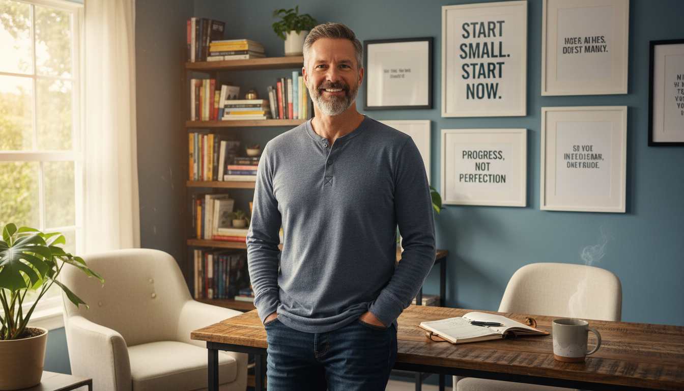 Confident man in his late 40s standing in a cozy home office, symbolizing midlife motivation and mental resilience.