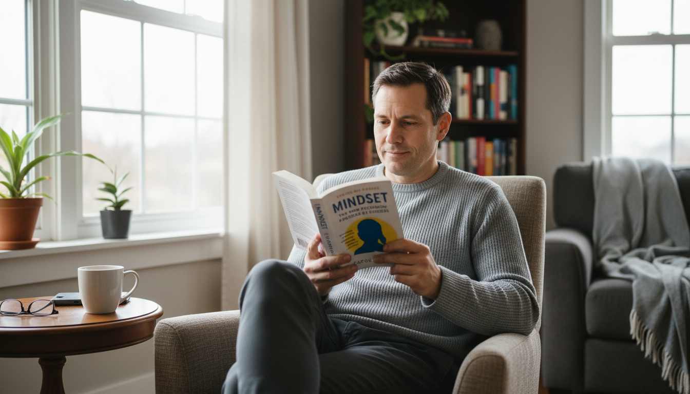 Man in his 40s reading Carol Dweck's Mindset book in comfortable home setting, representing personal growth and learning after 40