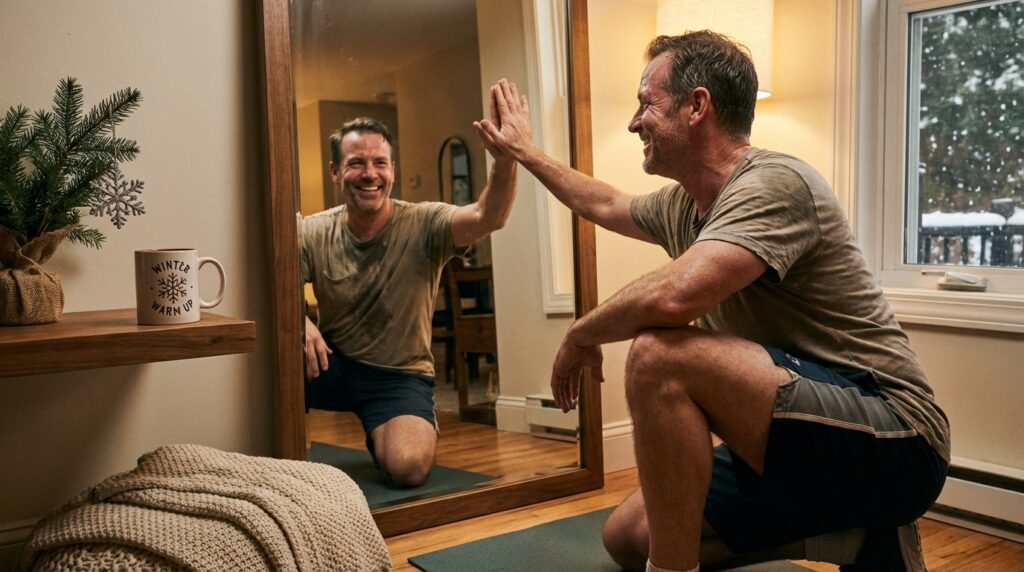 Man in his 40s giving himself a high-five in the mirror after completing a home cardio workout, cozy winter decor in the background.