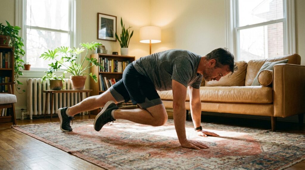 Man in his 40s performing mountain climbers at home in a cozy living room, plank position with one knee driving forward.