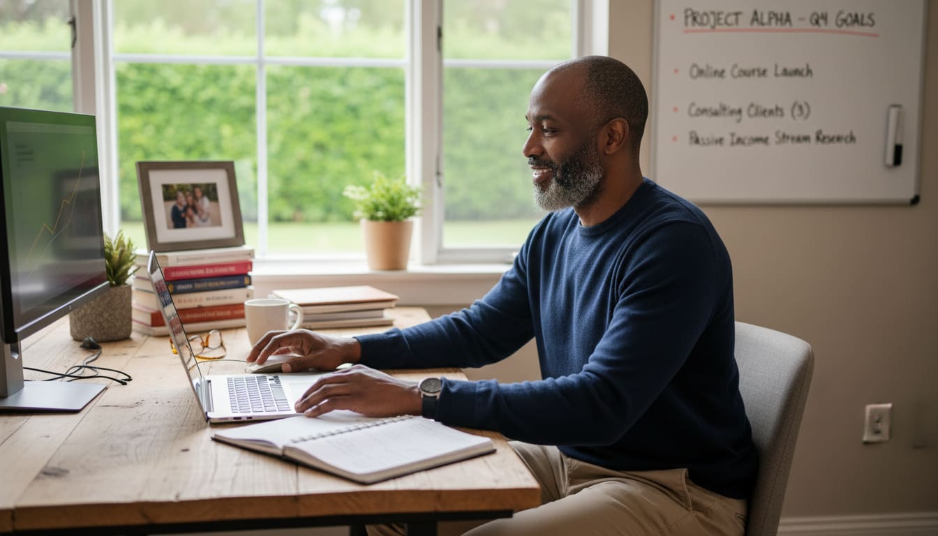 Confident man in his 40s working on laptop at home office desk starting a side hustle