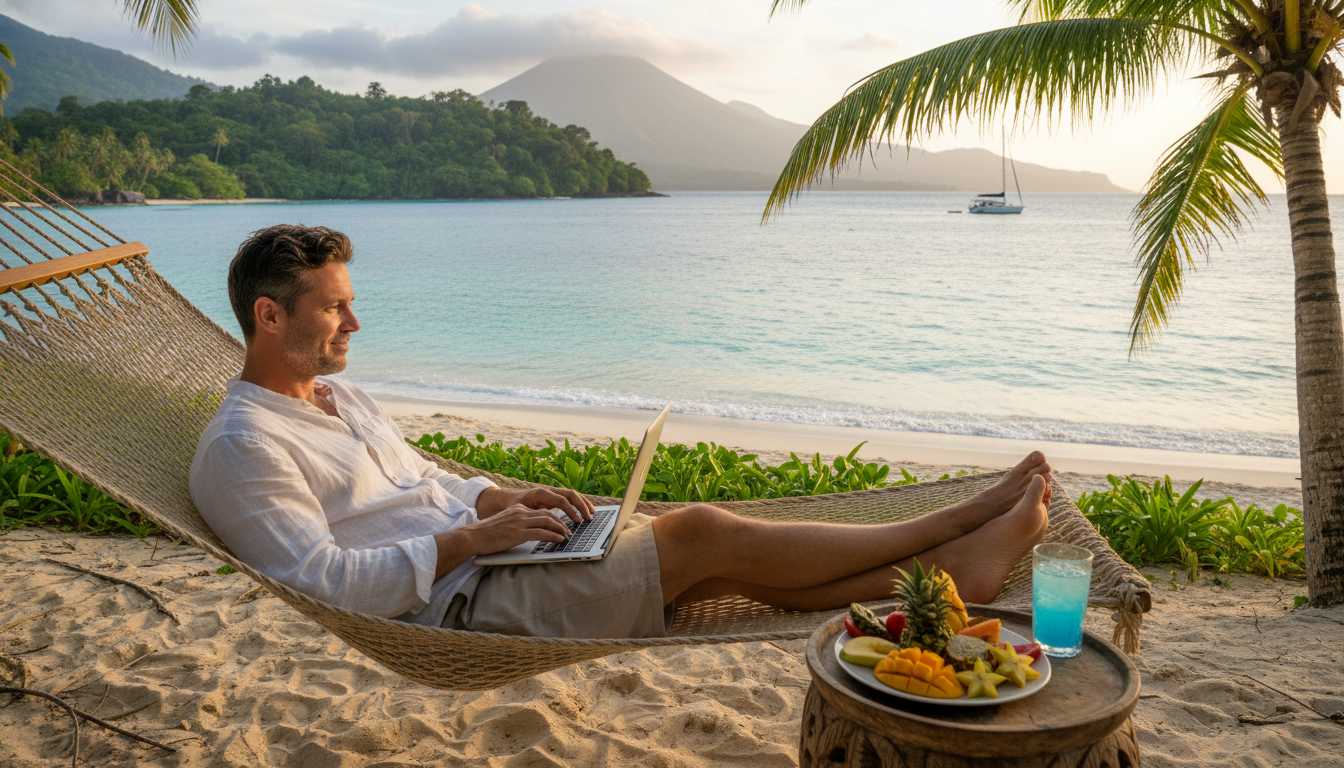 Relaxed man in his 40s working on laptop outdoors with tropical paradise background, representing passive income freedom and financial independence