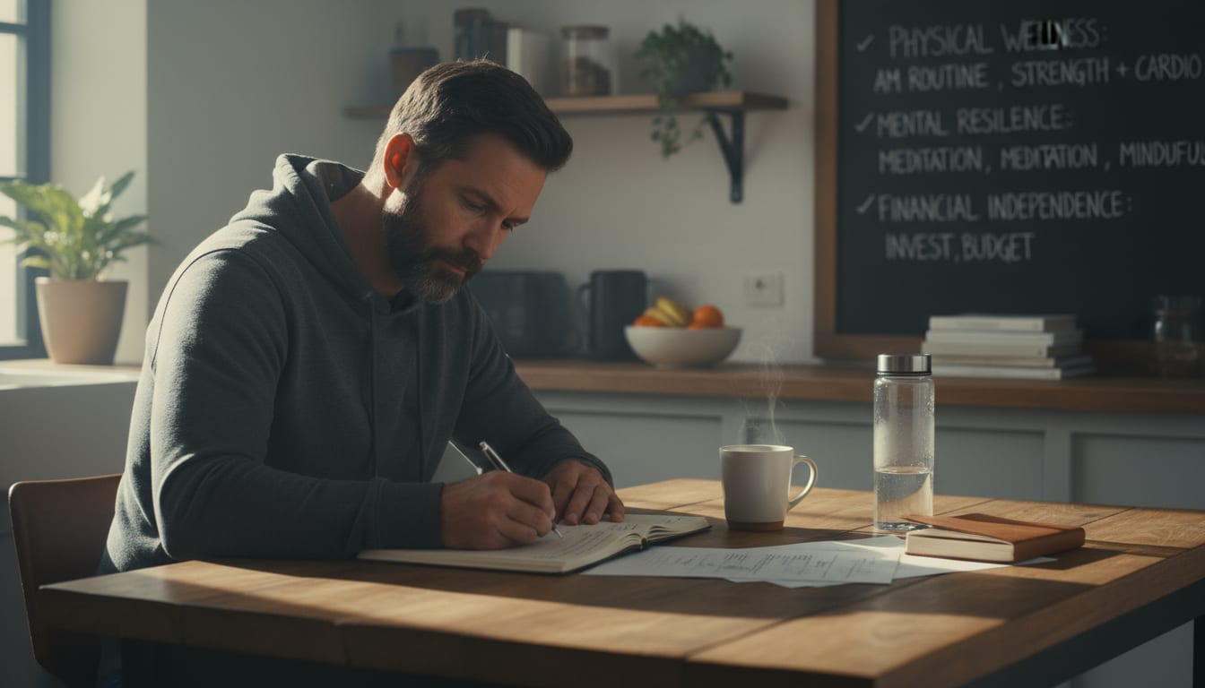 Man in his 40s planning personal optimization goals with journal and coffee at kitchen table
