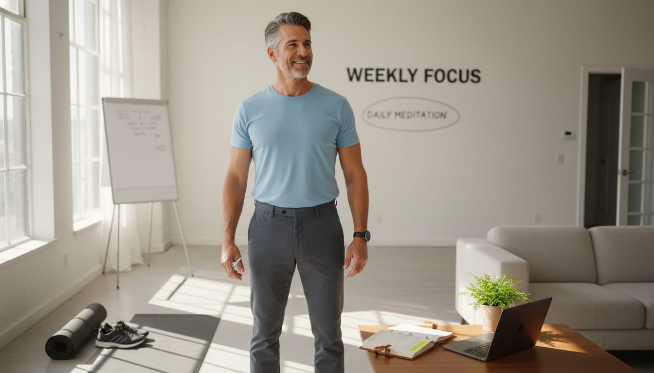 Confident man in his 40s ready to take action on personal optimization journey with determination and forward momentum