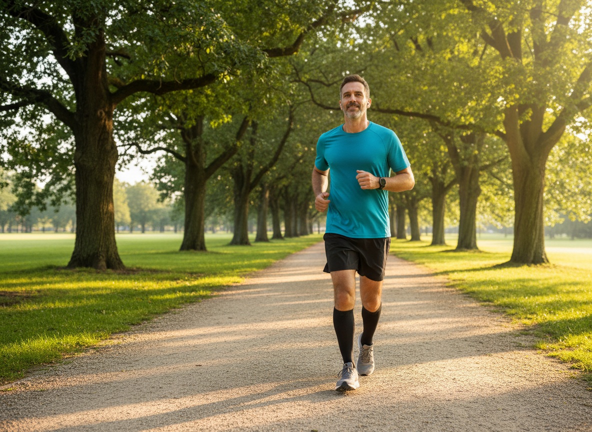 Man in his 40s jogging on a sunny park path, embracing physical wellness after 40