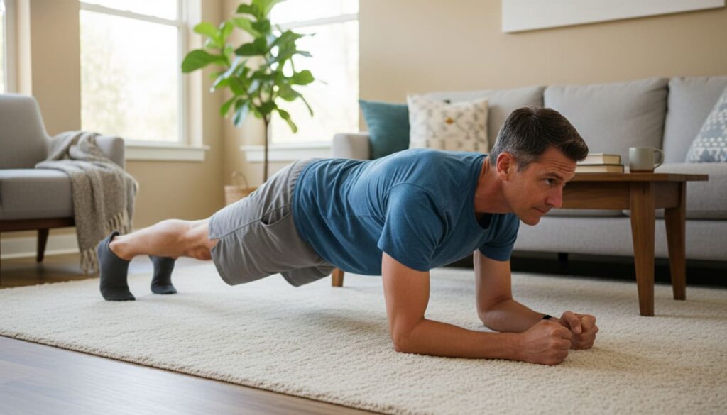 Man in his 40s performing a forearm plank at home in a cozy living room, body straight from head to heels.