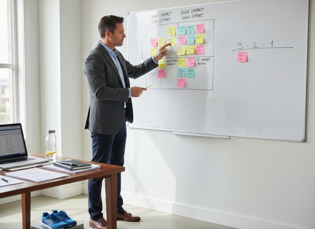 Professional man in his 40s using prioritization framework with sticky notes organizing work and wellness tasks strategically