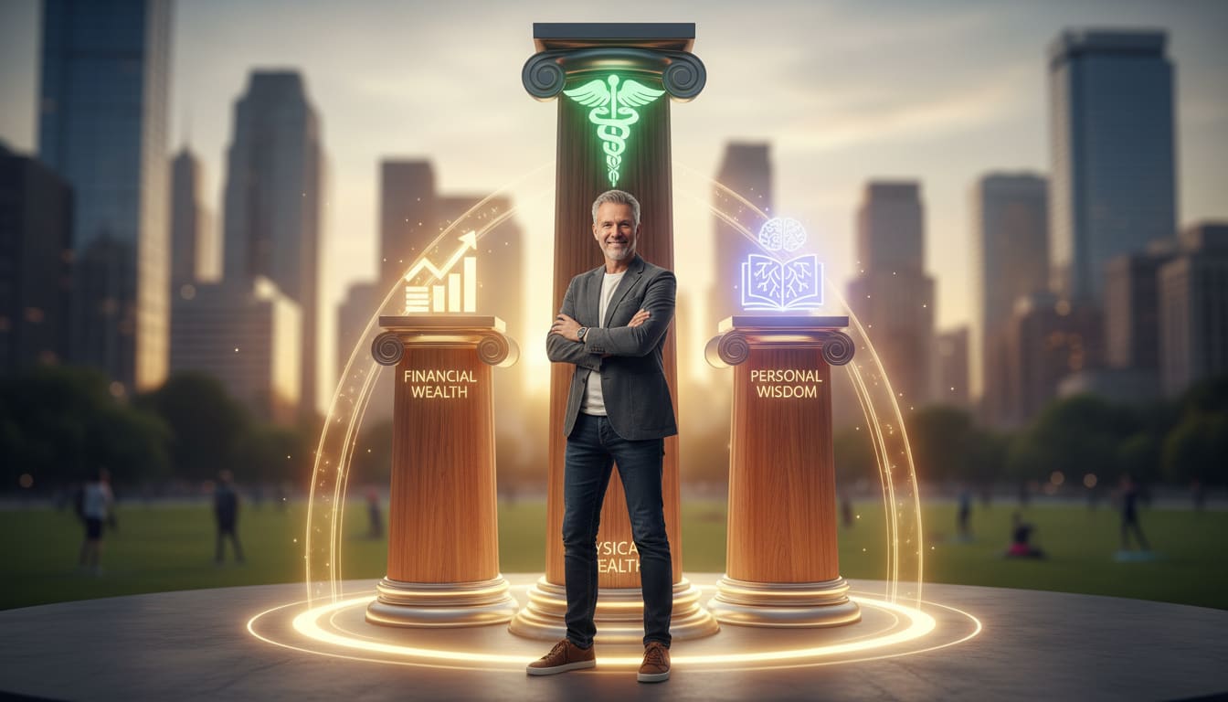 Man in his 40s standing confidently with triangle diagram showing health wealth and wisdom interconnected for productivity