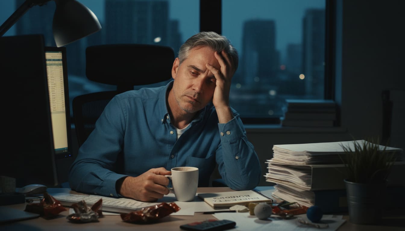 Professional man over 40 experiencing workplace burnout at office desk showing exhaustion and stress