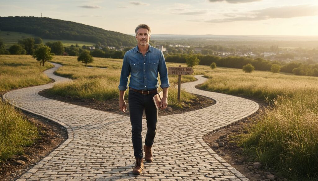 Man in his 40s walking forward showing progress over perfection through consistent adjustments and adaptability