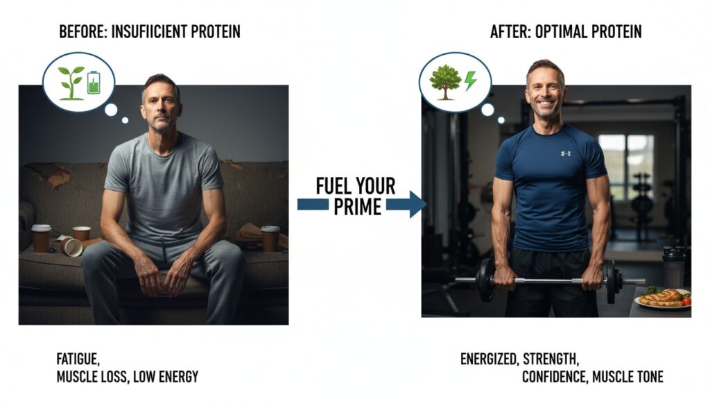 Comparison showing man over 40 with low energy and muscle loss versus energized and strong with adequate protein intake