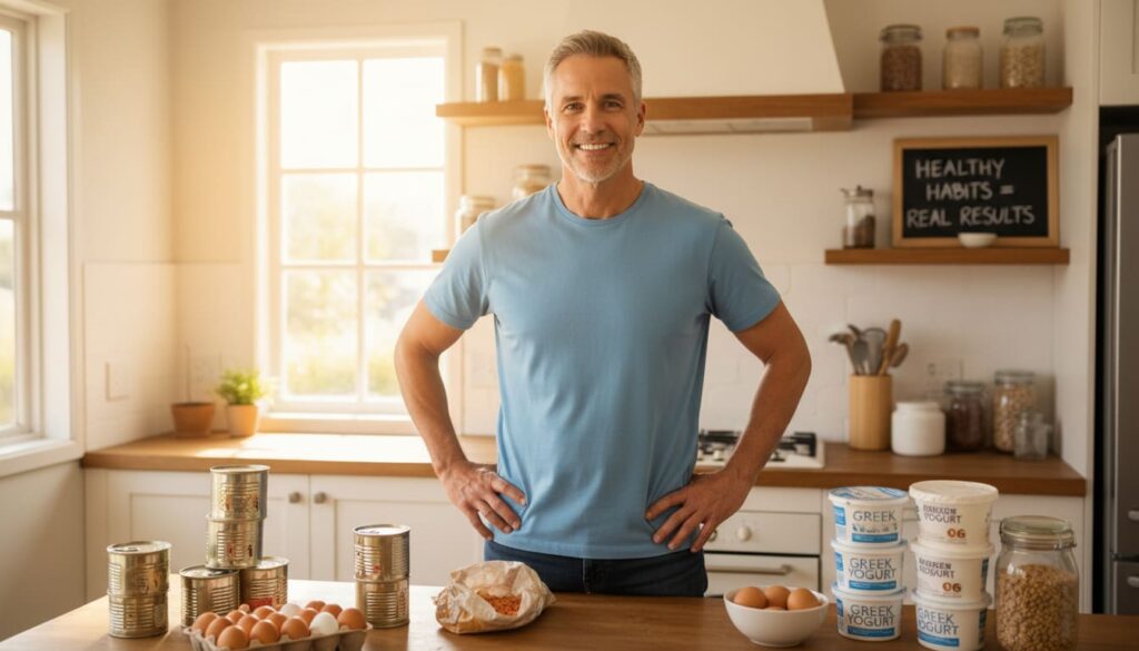 Confident man over 40 in kitchen surrounded by affordable protein sources, demonstrating successful nutrition planning and consistency