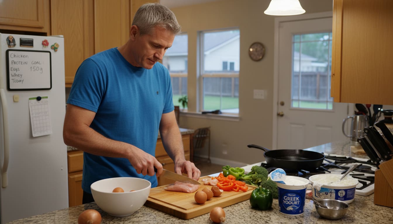 Man over 40 preparing high-protein meal in kitchen with eggs, chicken breast, and healthy foods for muscle maintenance