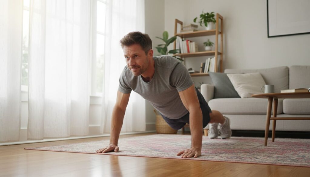 Man in his 40s performing a standard push-up at home in a cozy living room.