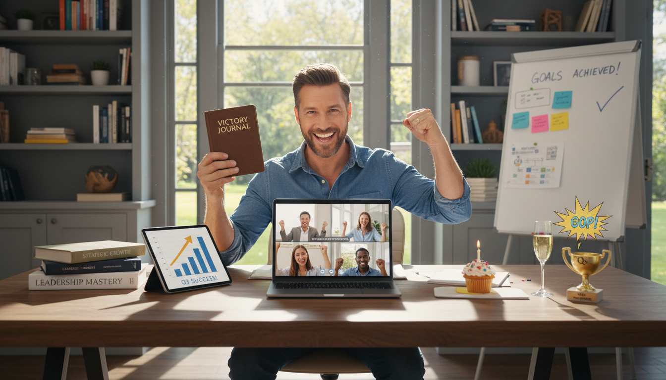 Man in his 40s celebrating Q3 success with victory journal, accountability partners on video call, learning materials, and celebration elements in organized home office