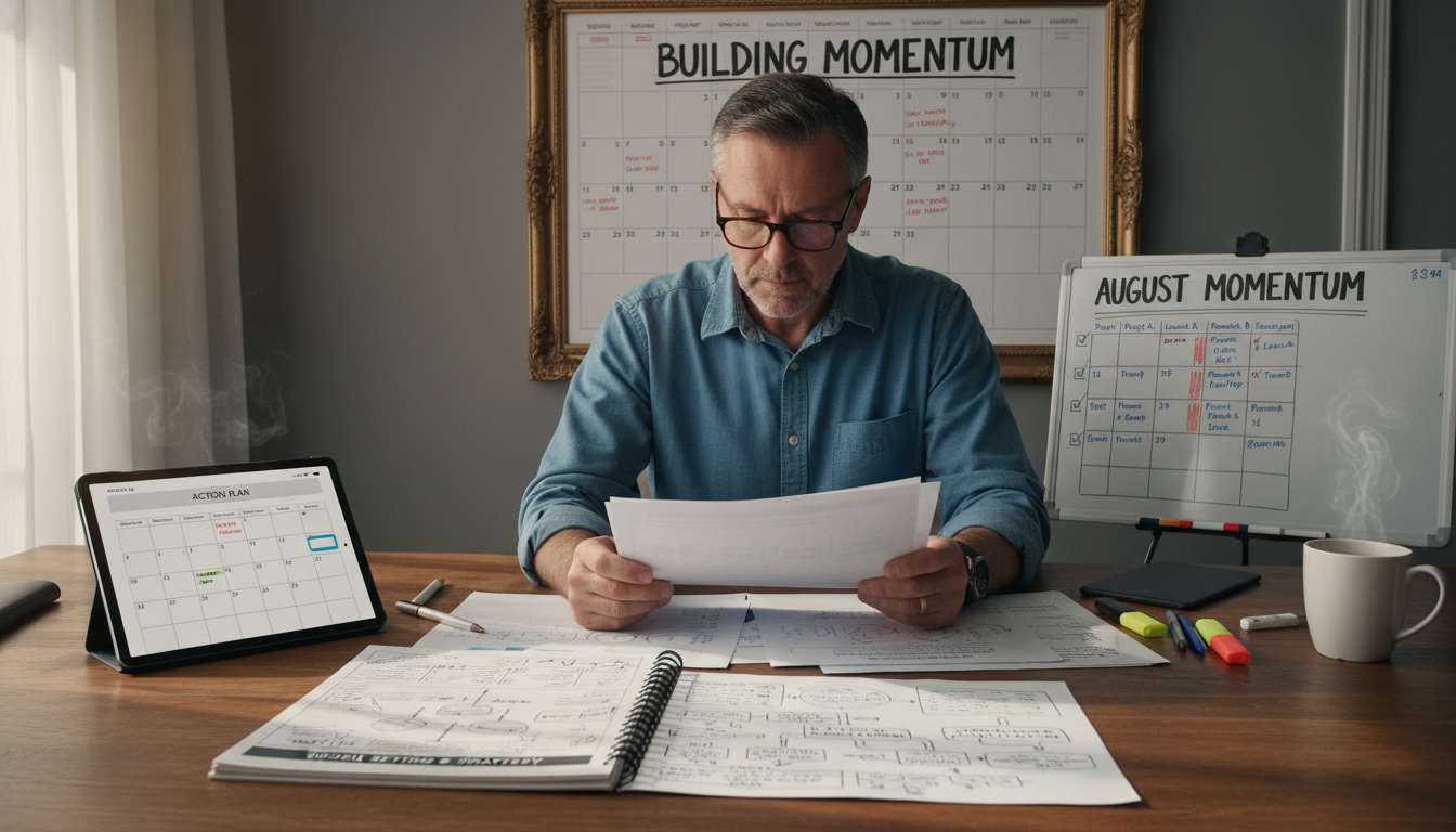Man in his 40s planning Q3 success goals with notebook and coffee in cozy home office setting during fall season