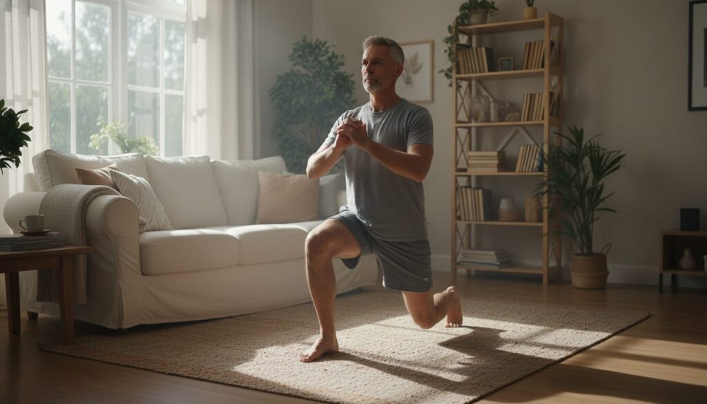 Man in his 40s performing a reverse lunge at home in a cozy living room, stepping one foot back with upright posture.