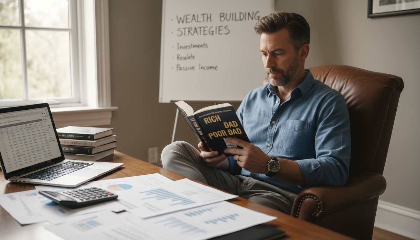 Man in his 40s reading Rich Dad Poor Dad book in home office setting with financial documents and calculator, representing financial education and wealth building strategies