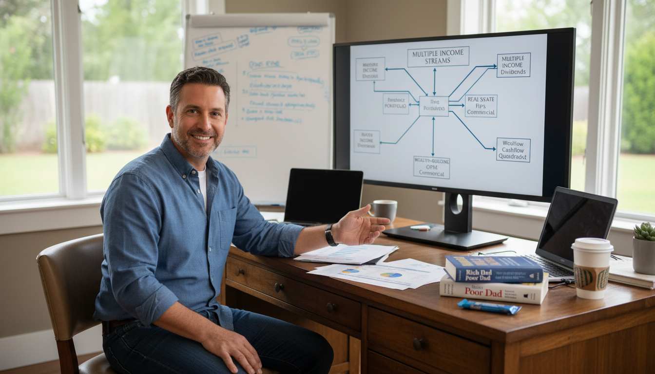 Man in his 40s confidently reviewing his complete financial transformation journey with multiple income streams, real estate investments, and wealth-building strategies from Rich Dad Poor Dad