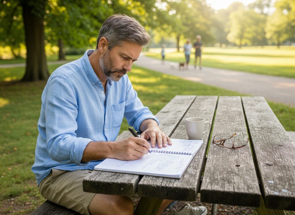 Man in his 40s writing goals in notebook outdoors during summer morning with coffee