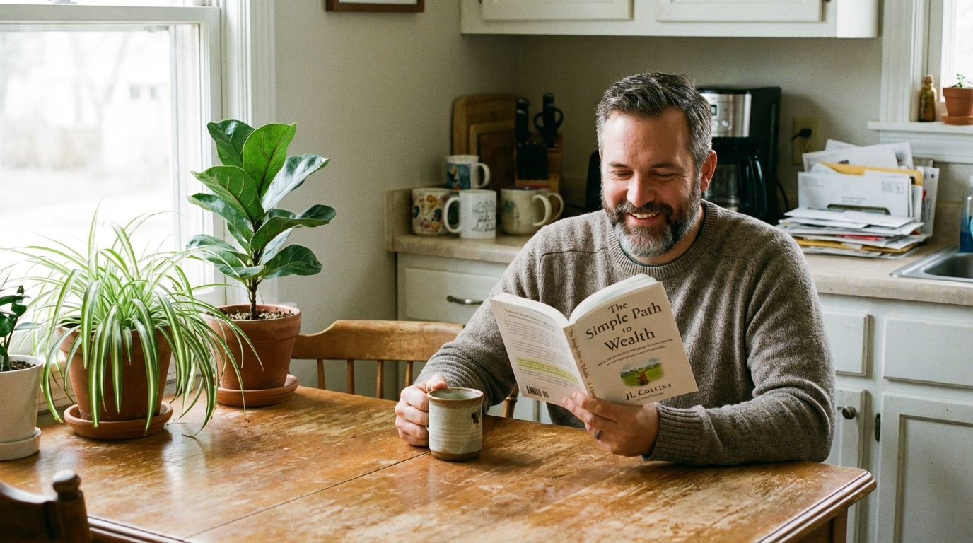 Man in his 40s reading 'The Simple Path to Wealth' by JL Collins at a kitchen table