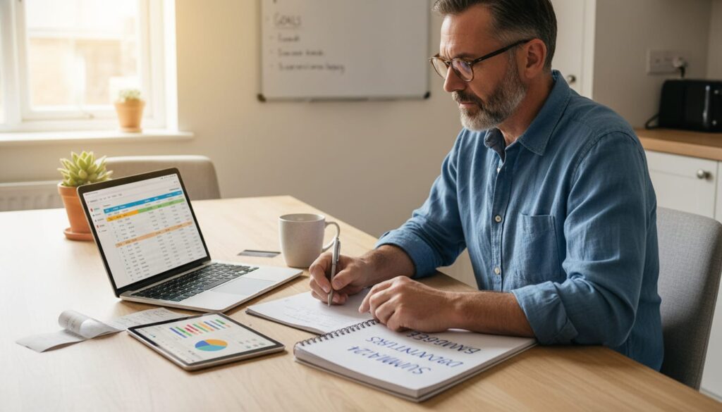 Man in his 40s confidently planning summer budget with notebook and smartphone at kitchen table