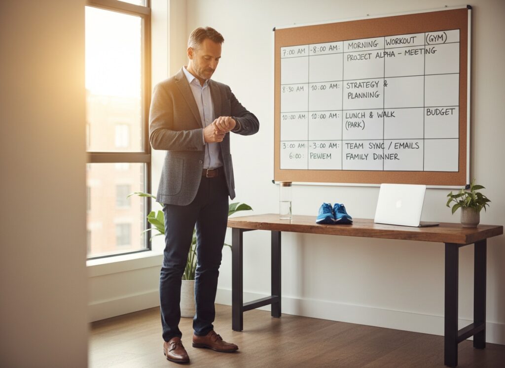 Professional man in his 40s checking fitness tracker while planning daily schedule with time blocks for work and wellness activities