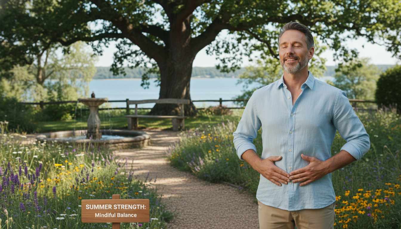 Man in his 40s practicing stress management techniques outdoors during summer, mental resilience strategies for midlife men