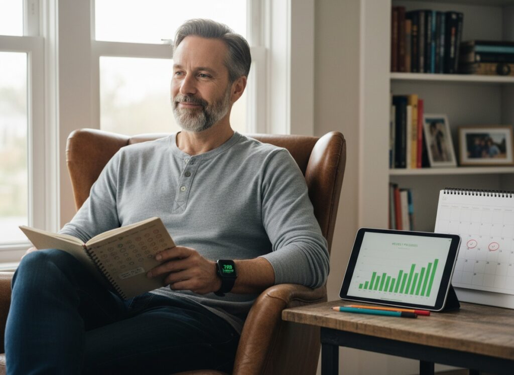 Man in his 40s measuring success and tracking progress with habit journal, fitness tracker, and simple tracking tools for accountability