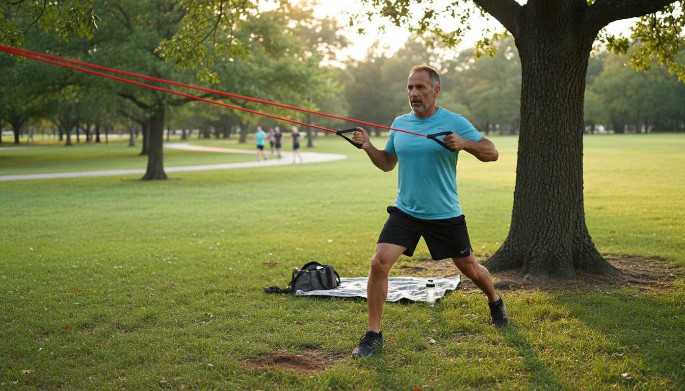 Middle-aged man exercising outdoors in summer with resistance bands, showing flexible workout routine adaptation