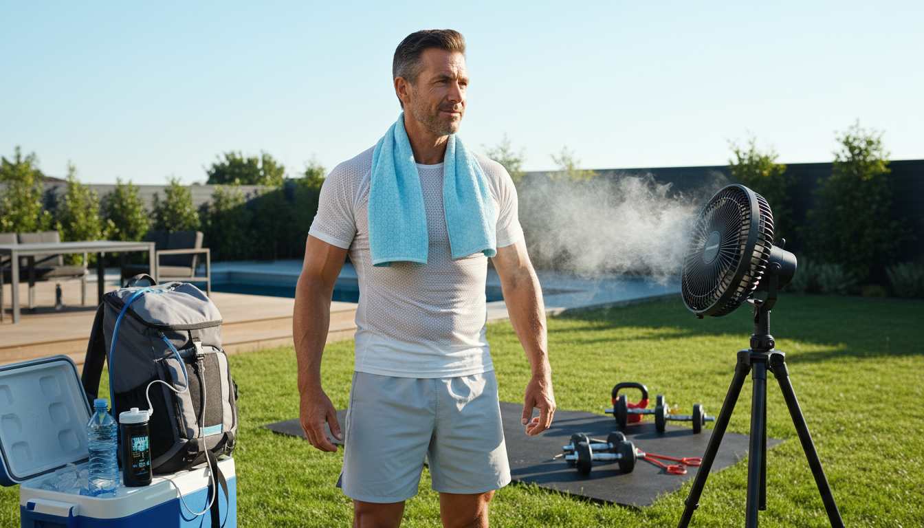 Man in his 40s successfully completing summer workout with complete cooling fitness tech setup including cooling towel, portable fan, and hydration system