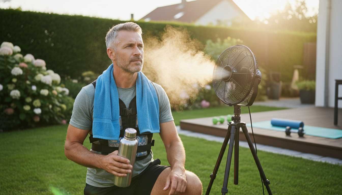Man in his 40s using cooling fitness gear during summer outdoor workout with portable fan and cooling towel