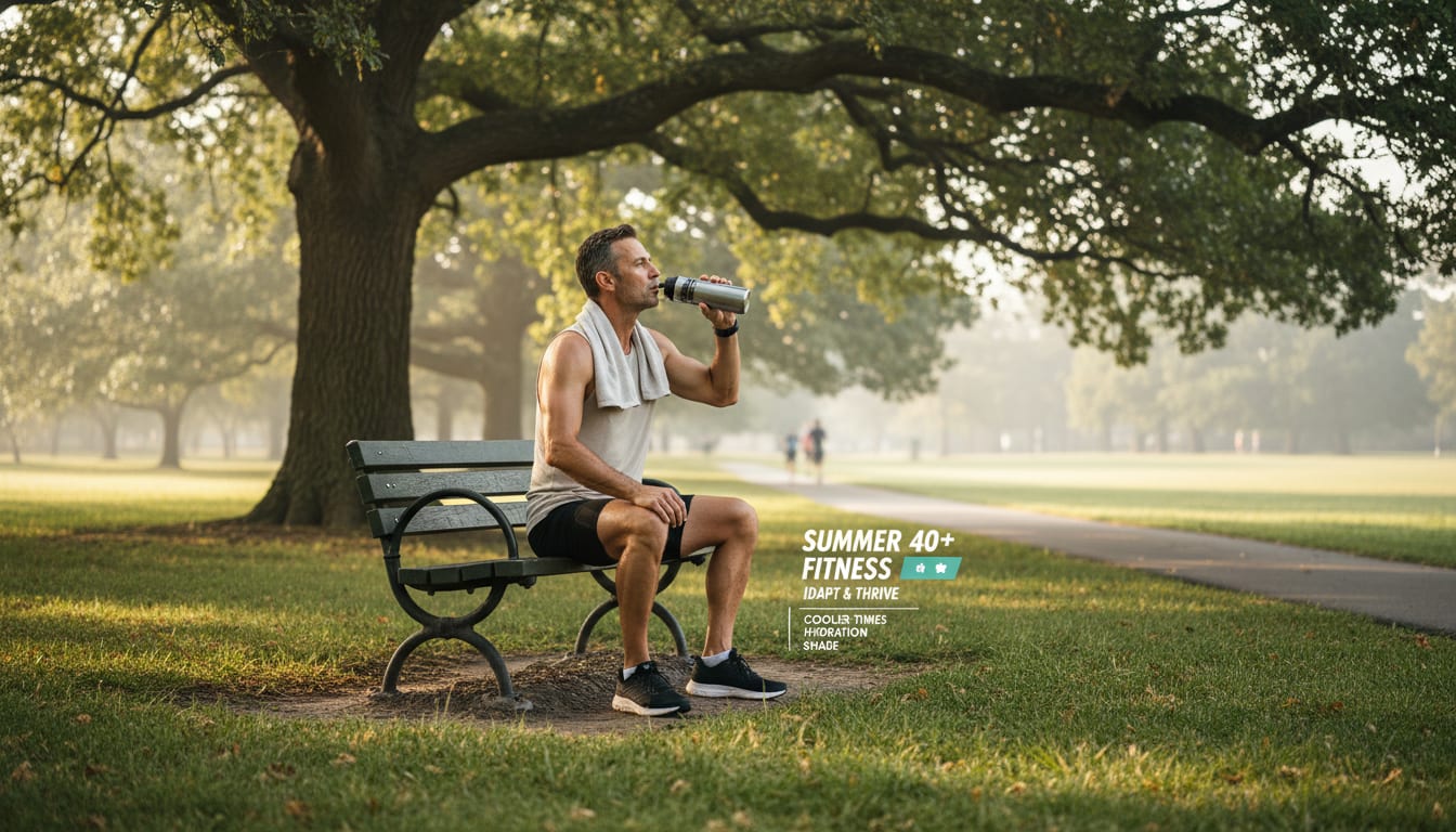 Man over 40 drinking water during early morning summer workout in shaded park area