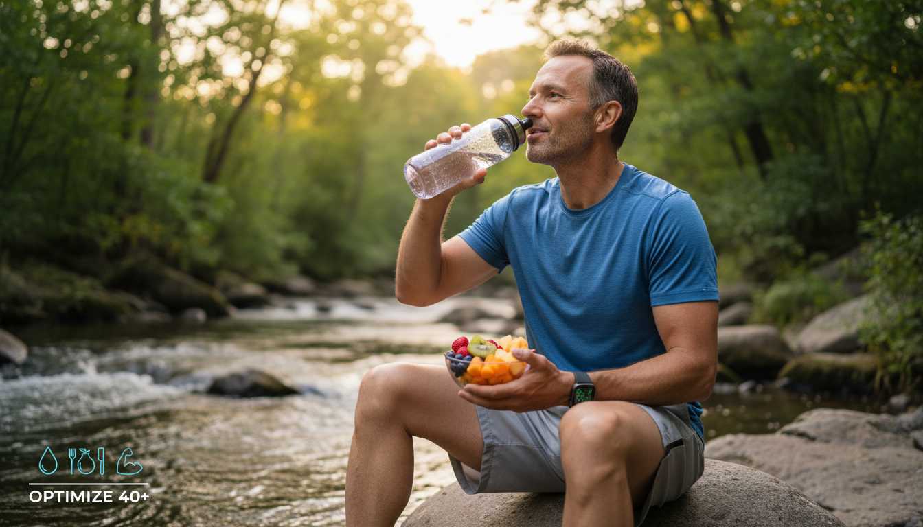 Middle-aged man in casual workout clothes drinking water and eating fresh summer fruits outdoors, representing hydration, nutrition and energy optimization for men over 40