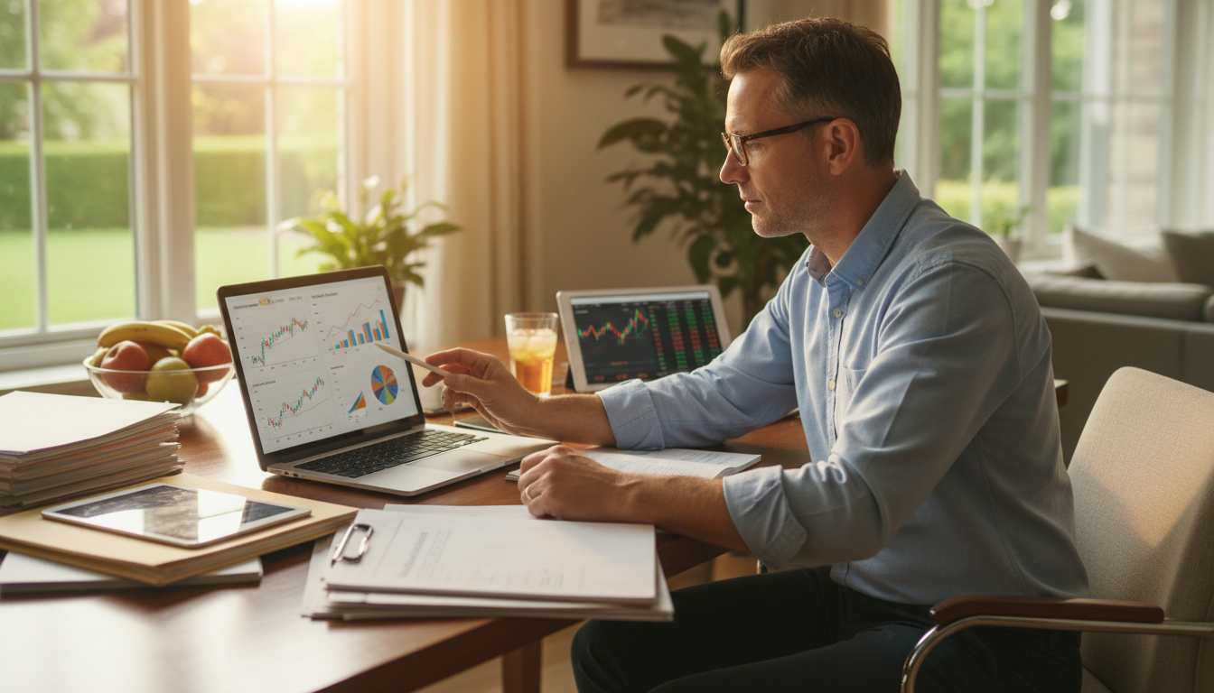 Professional man in his 40s reviewing investment charts and financial documents at home office desk with summer sunlight, representing summer investment opportunities and financial planning