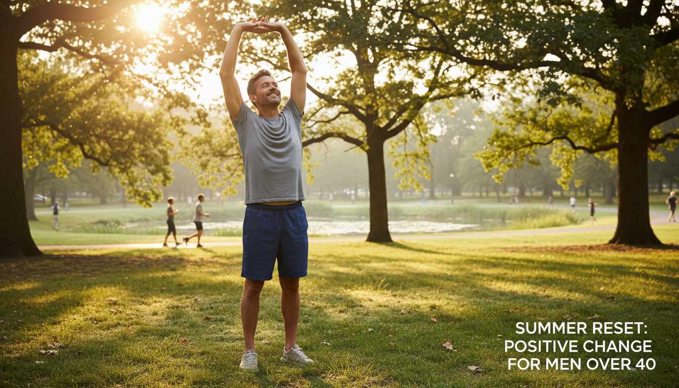 Man in his 40s stretching outdoors on a summer morning, embracing seasonal energy