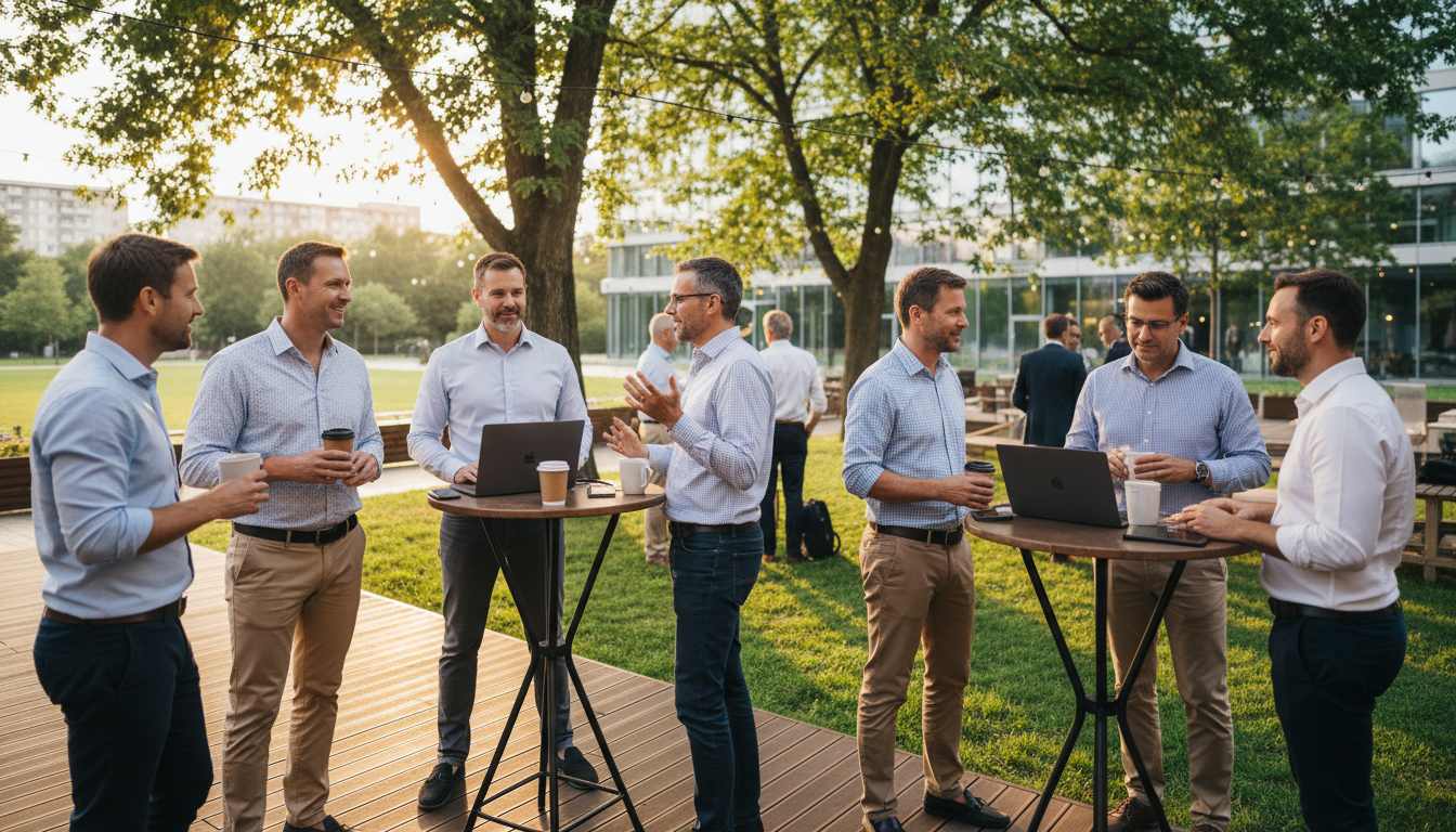 Professional men in their 40s networking at casual summer business event outdoors with laptops and coffee