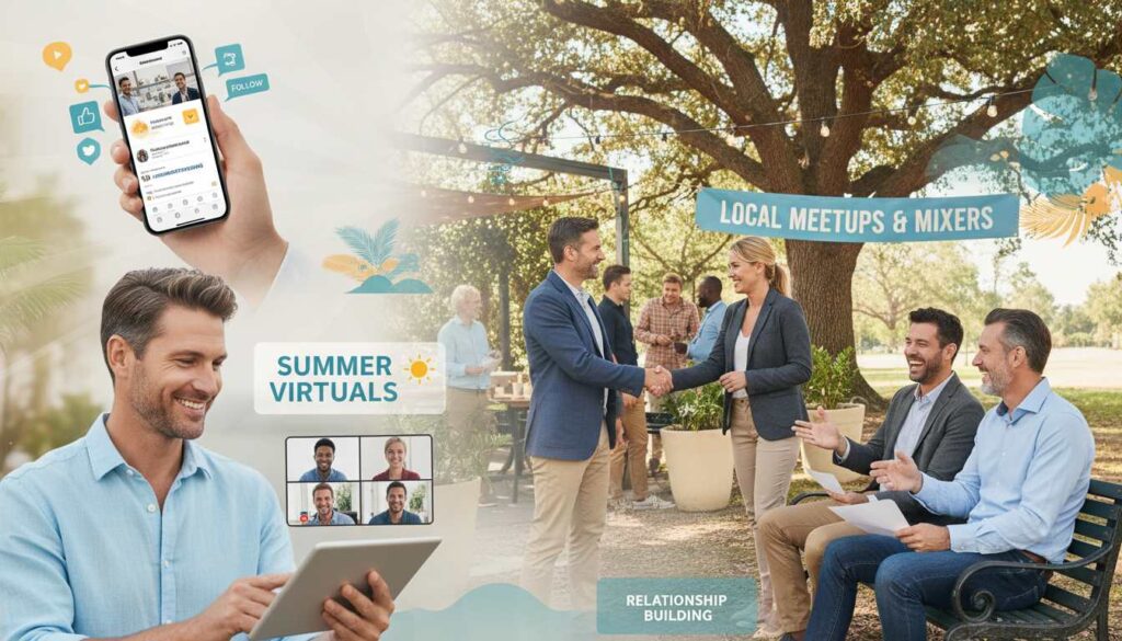 Professional men in their 40s demonstrating complete summer networking approach with virtual meetings, local events, social media, and relationship building in unified composition