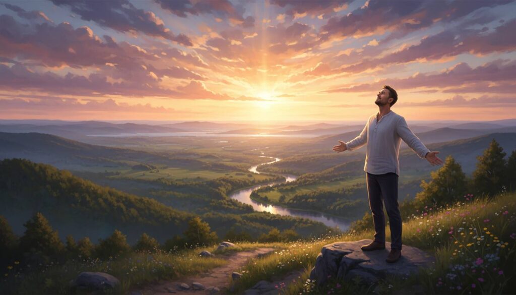 Man in his 40s standing at a scenic overlook at sunset, embracing new beginnings and summer reset