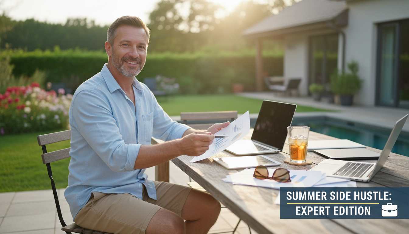 Professional man in his 40s working on laptop during summer, representing summer side hustles and online business opportunities