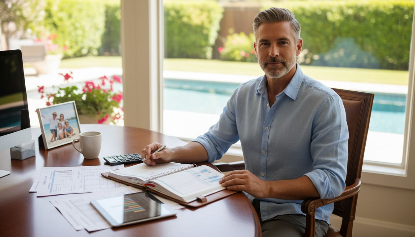 Man in his 40s planning summer budget at home office desk with financial documents and calculator