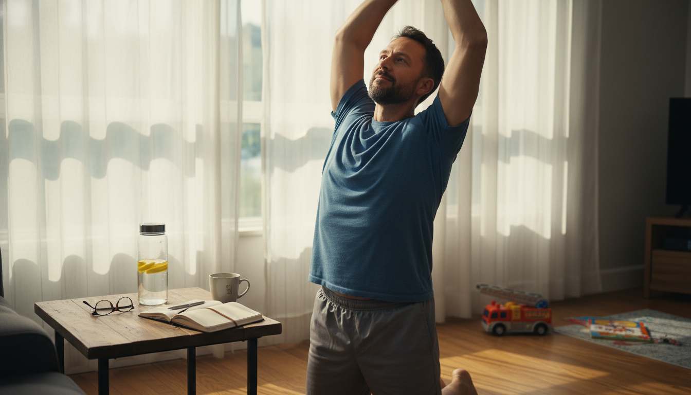 Man in his 40s starting a summer morning routine at home, stretching by a sunny window with a water bottle and journal, casual and family-friendly setting
