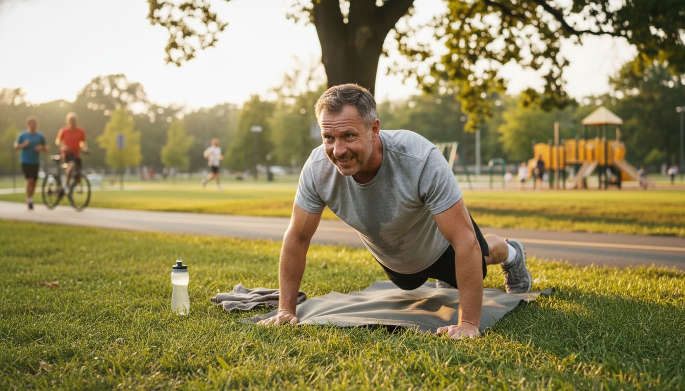 Man in his 40s doing outdoor summer workout representing the Summer Success Triangle for men over 40