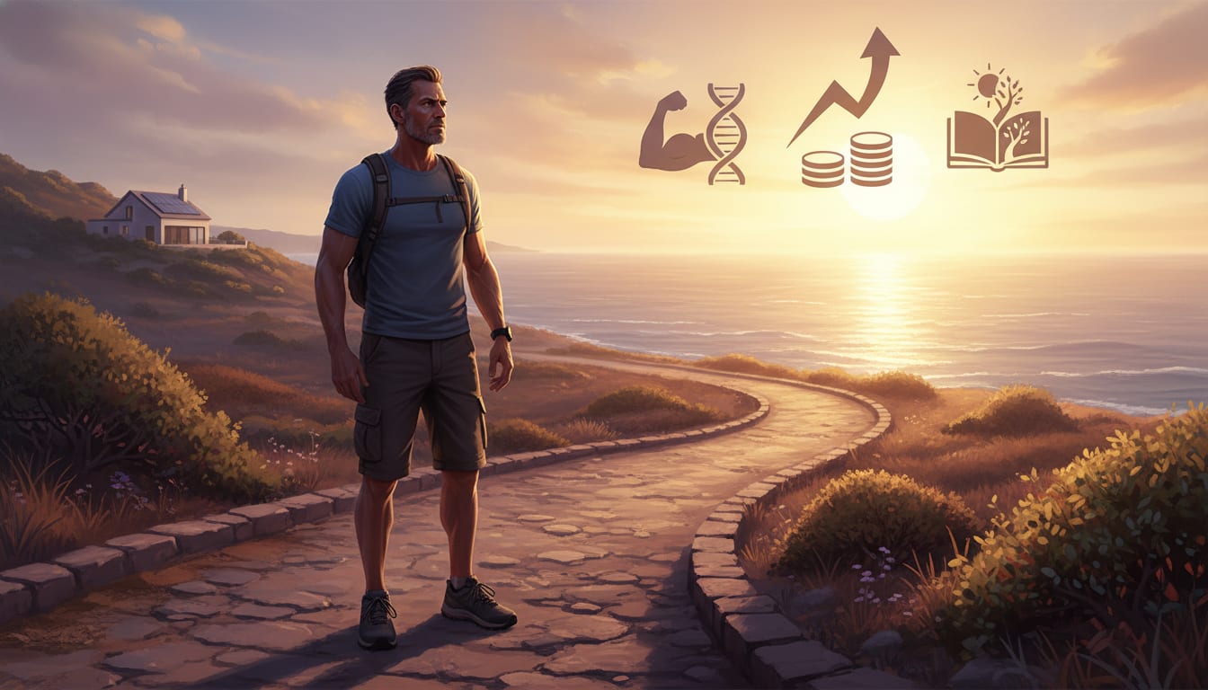 Man in his 40s standing at crossroads outdoors during summer representing the balance of health wealth and happiness