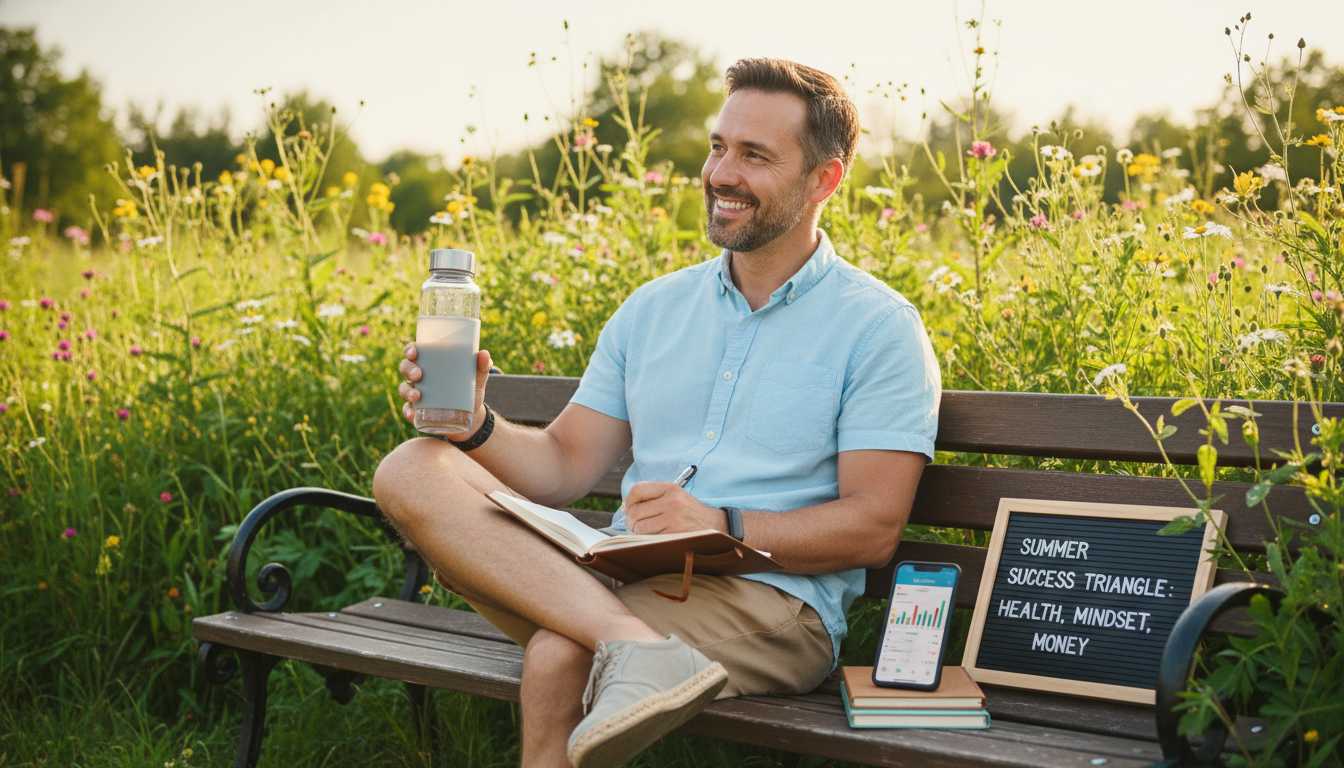 Man in his 40s balancing summer fitness, relaxation, and financial planning outdoors